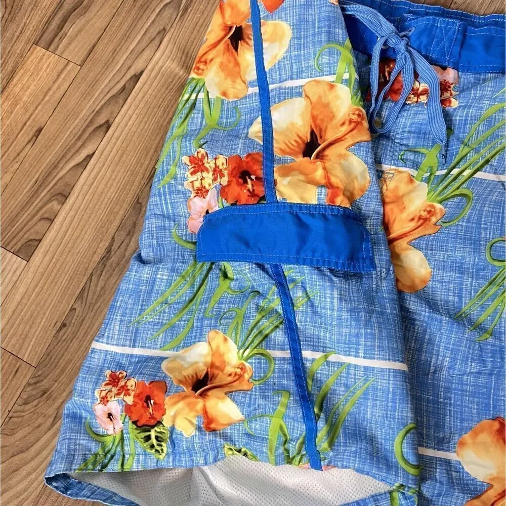 OP Sz 2XL Swim Trunks Board Shorts Mens Drawstring Blue Hawaiian Floral 0841